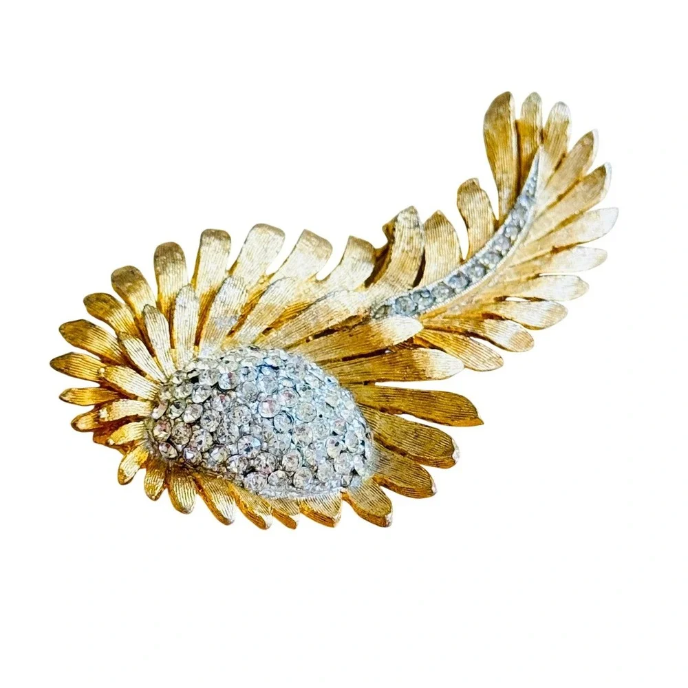 Whimsical Feather Rhinestone Brooch Pin VTG Satin Gold Pave Wave Leaf 1950s